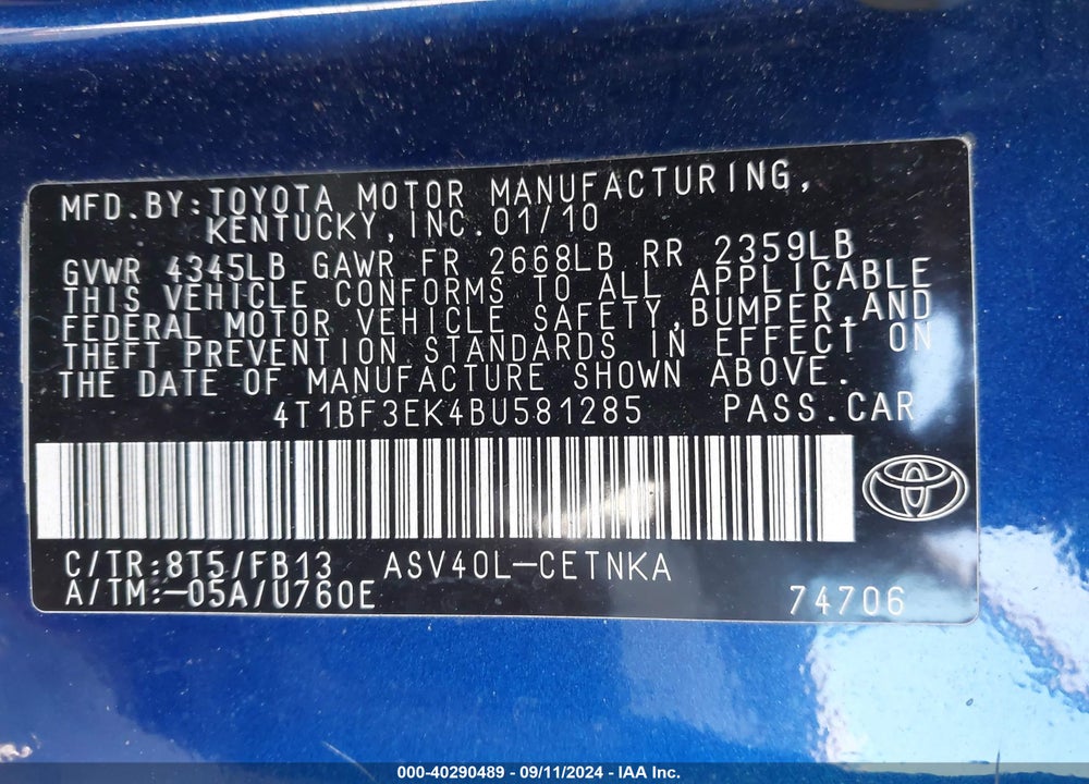 2011 TOYOTA CAMRY LE VIN: 4T1BF3EK4BU581285