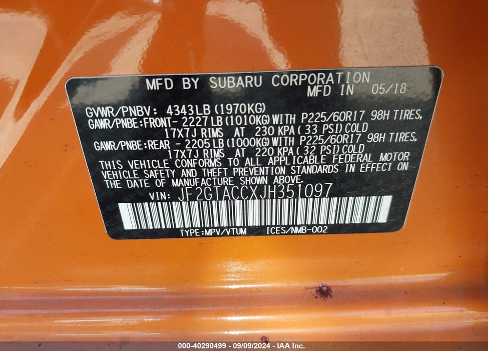 2018 SUBARU CROSSTREK 2.0I PREMIUM VIN: JF2GTACCXJH351097