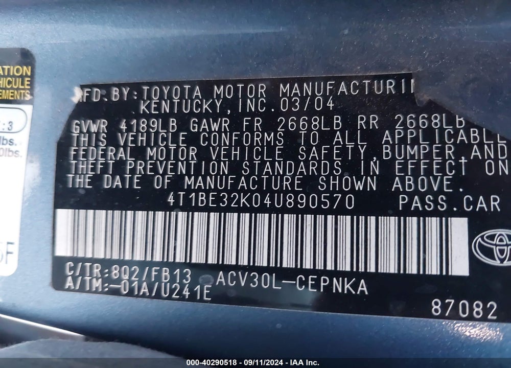 2004 TOYOTA CAMRY LE VIN: 4T1BE32K04U890570