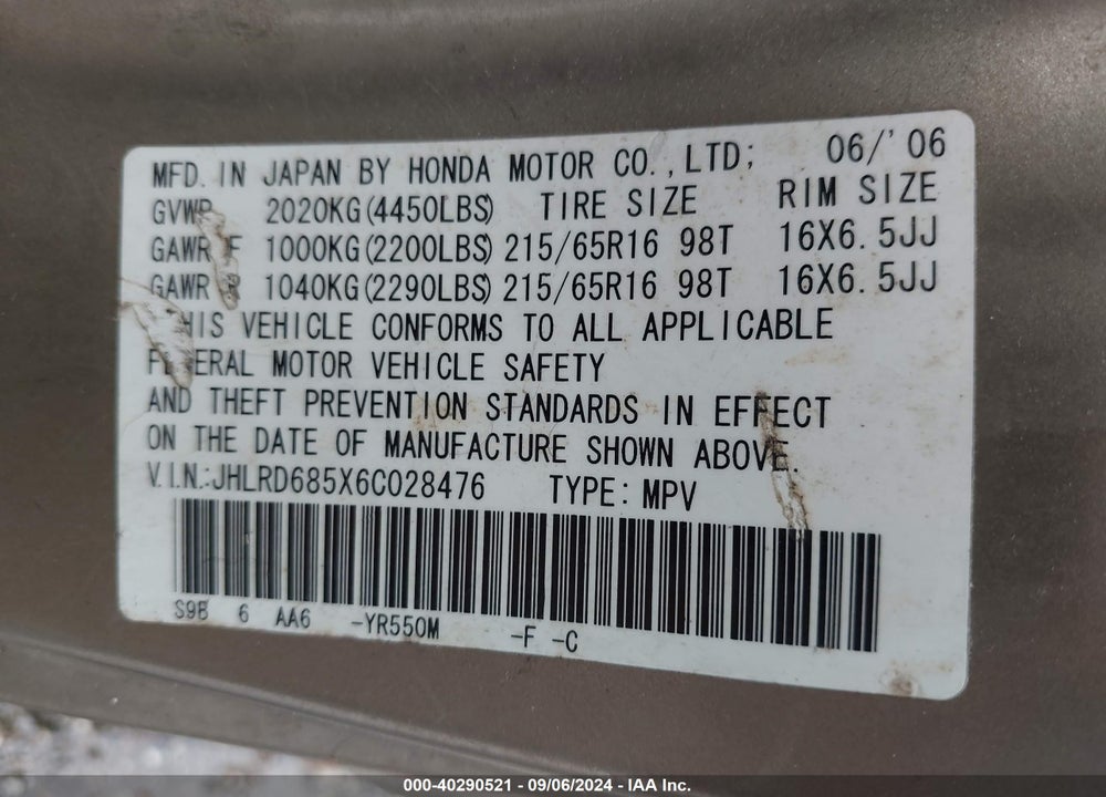 2006 HONDA CR-V LX VIN: JHLRD685X6C028476
