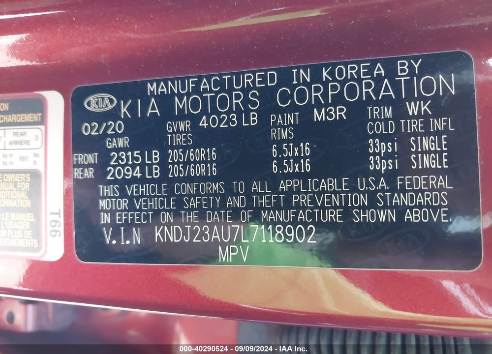2020 KIA SOUL LX VIN: KNDJ23AU7L7118902