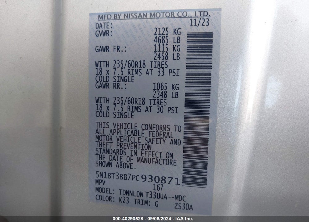 2023 NISSAN ROGUE VIN: 5N1BT3BB7PC930871