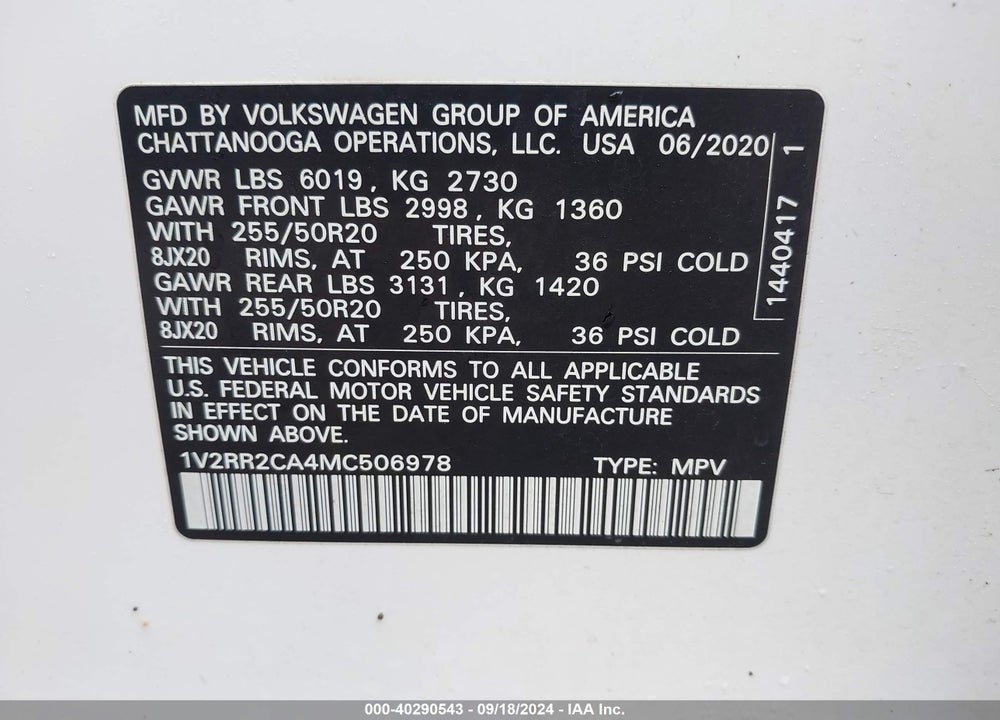 2021 VOLKSWAGEN ATLAS 3.6L V6 SE W/TECHNOLOGY R-LINE VIN: 1V2RR2CA4MC506978