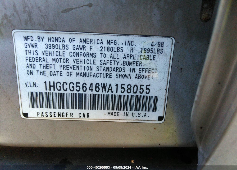 1998 HONDA ACCORD LX VIN: 1HGCG5646WA158055
