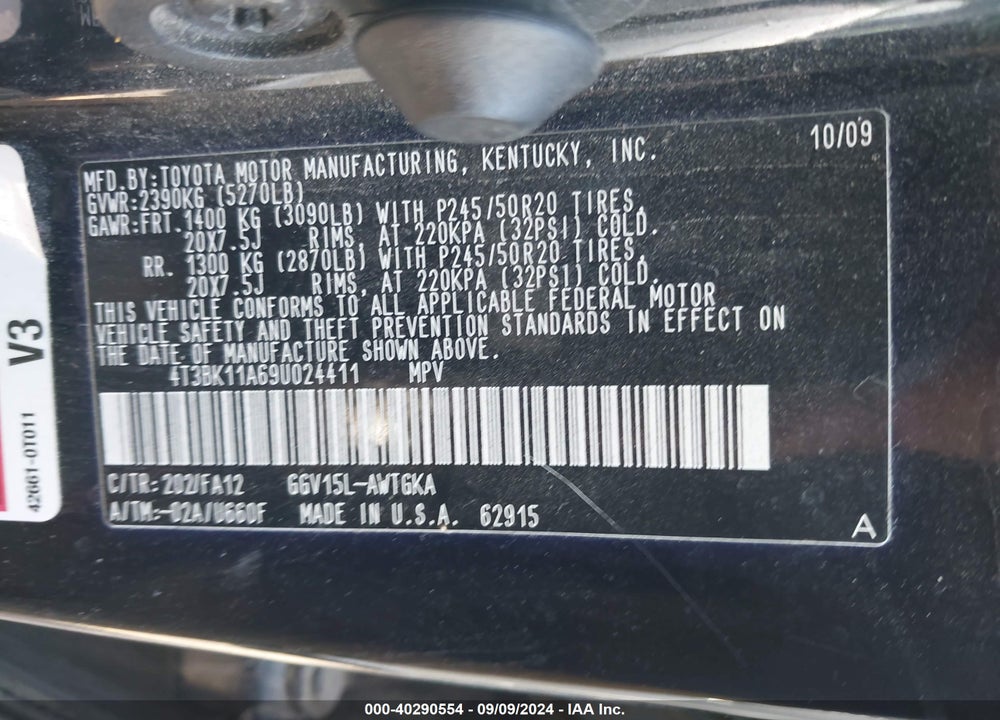 2009 TOYOTA VENZA BASE V6 VIN: 4T3BK11A69U024411