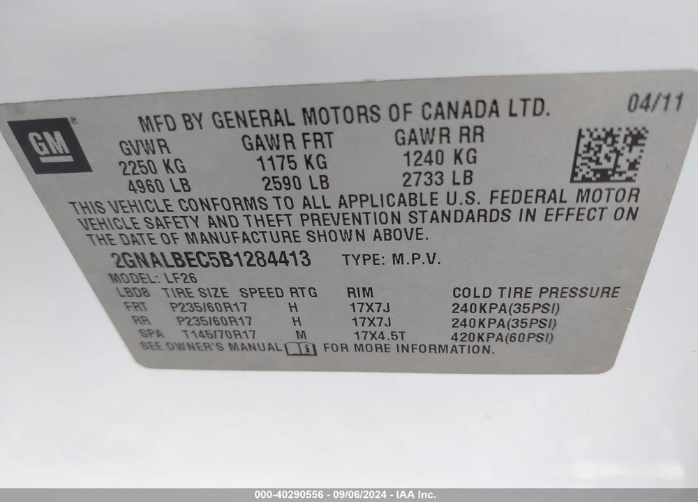 2011 CHEVROLET EQUINOX LS VIN: 2GNALBEC5B1284413