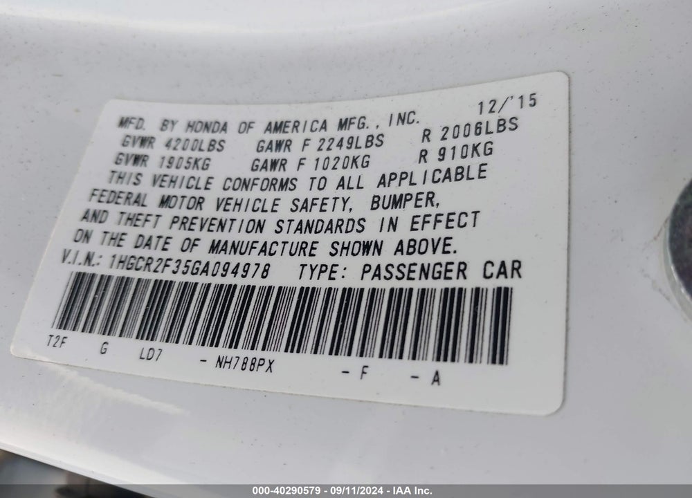 2016 HONDA ACCORD LX VIN: 1HGCR2F35GA094978