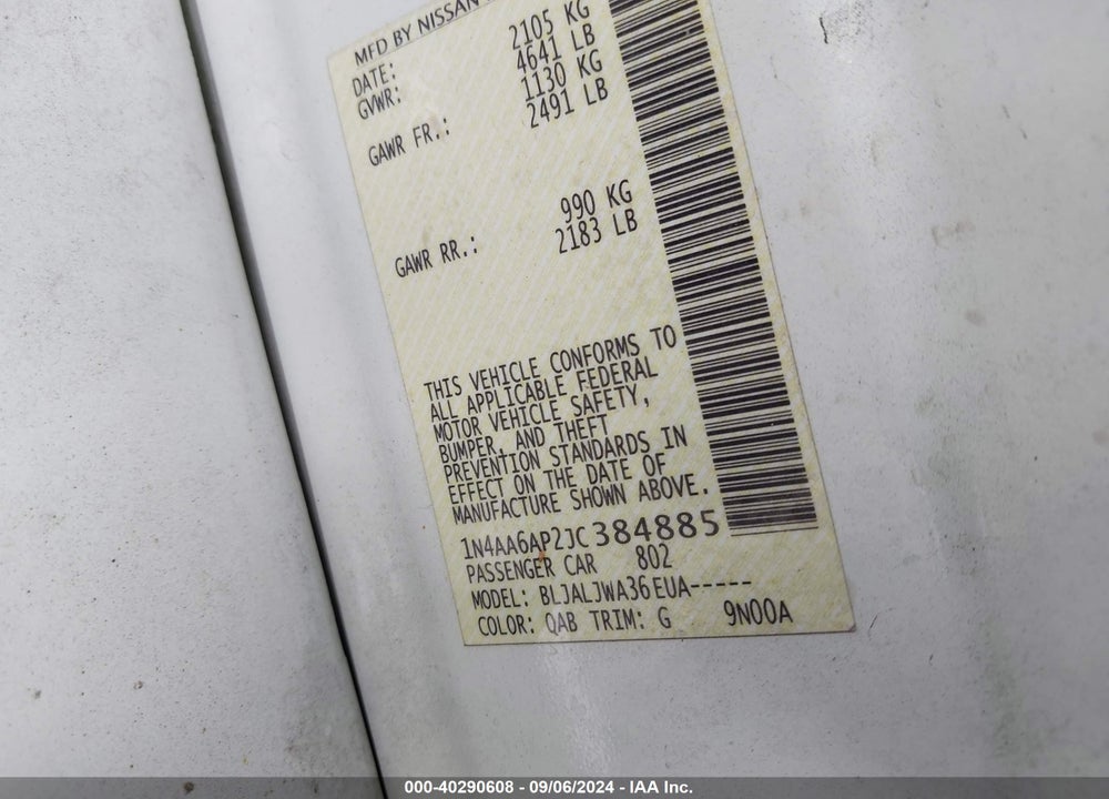 2018 NISSAN MAXIMA 3.5 SV VIN: 1N4AA6AP2JC384885