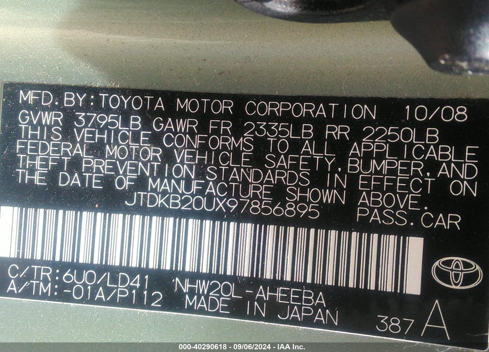 2009 TOYOTA PRIUS VIN: JTDKB20UX97856895