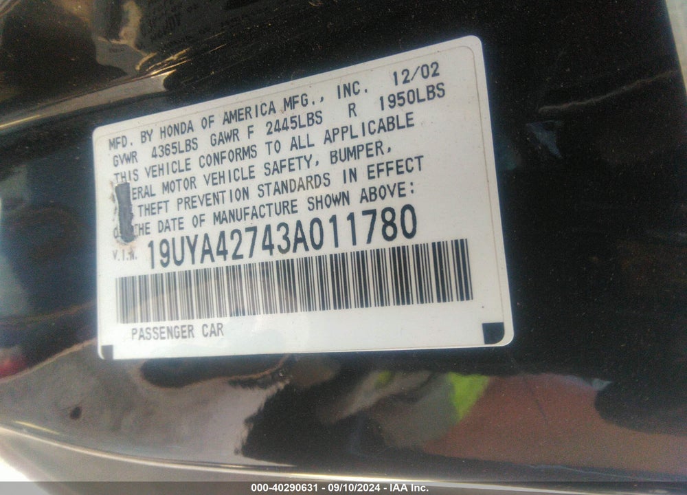 2003 ACURA CL 3.2 TYPE S VIN: 19UYA42743A011780