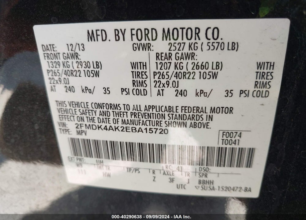 2014 FORD EDGE SPORT VIN: 2FMDK4AK2EBA15720