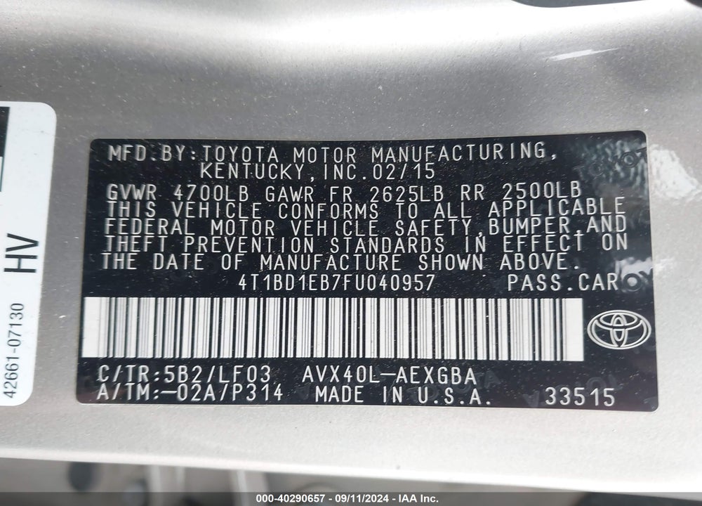 2015 TOYOTA AVALON HYBRID XLE PREMIUM VIN: 4T1BD1EB7FU040957