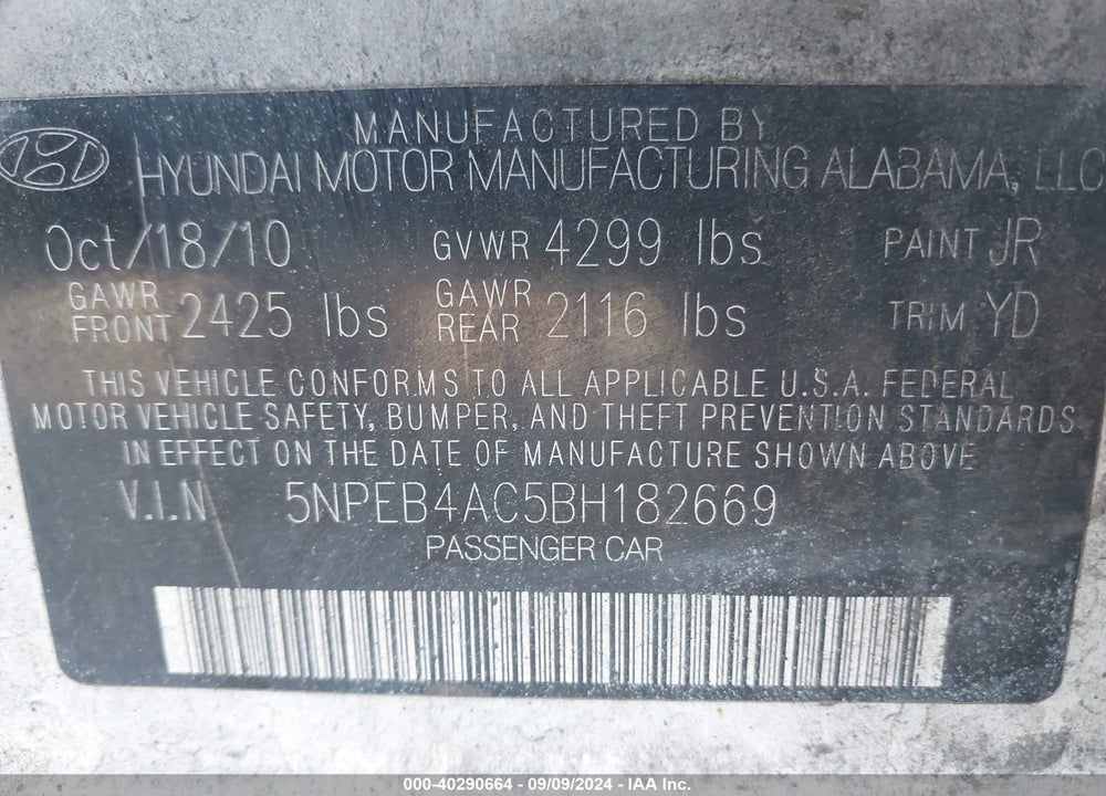 2011 HYUNDAI SONATA GLS VIN: 5NPEB4AC5BH182669