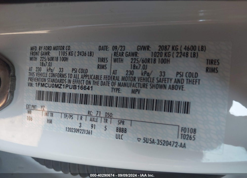 2023 FORD ESCAPE ST LINE VIN: 1FMCU0MZ1PUB16641