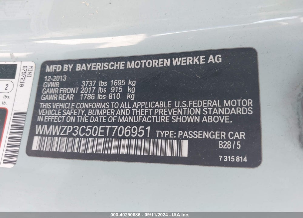 2014 MINI CONVERTIBLE COOPER S VIN: WMWZP3C50ET706951