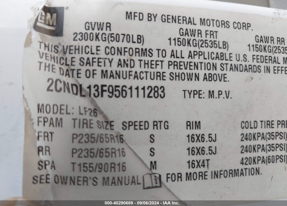 2005 CHEVROLET EQUINOX LS VIN: 2CNDL13F956111283