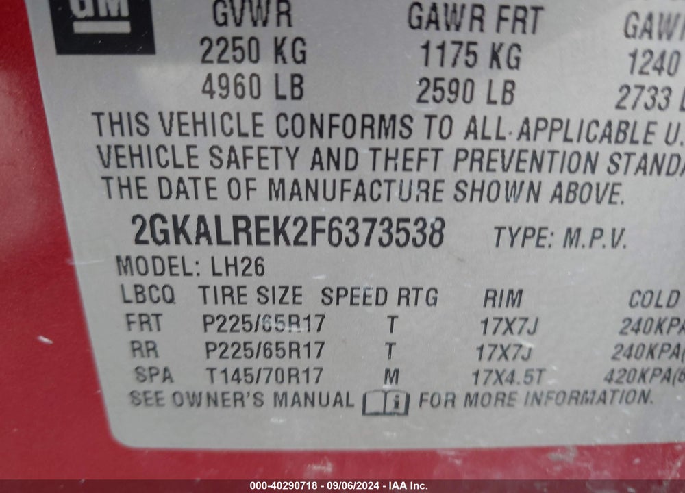 2015 GMC TERRAIN SLE-2 VIN: 2GKALREK2F6373538