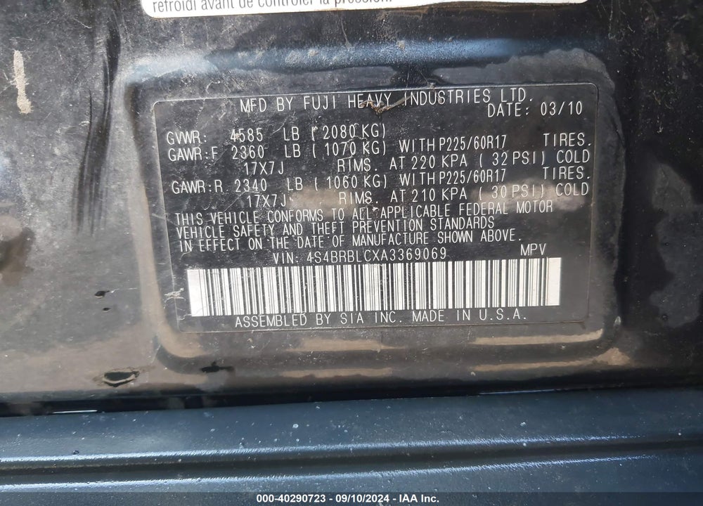 2010 SUBARU OUTBACK VIN: 4S4BRBLCXA3369069