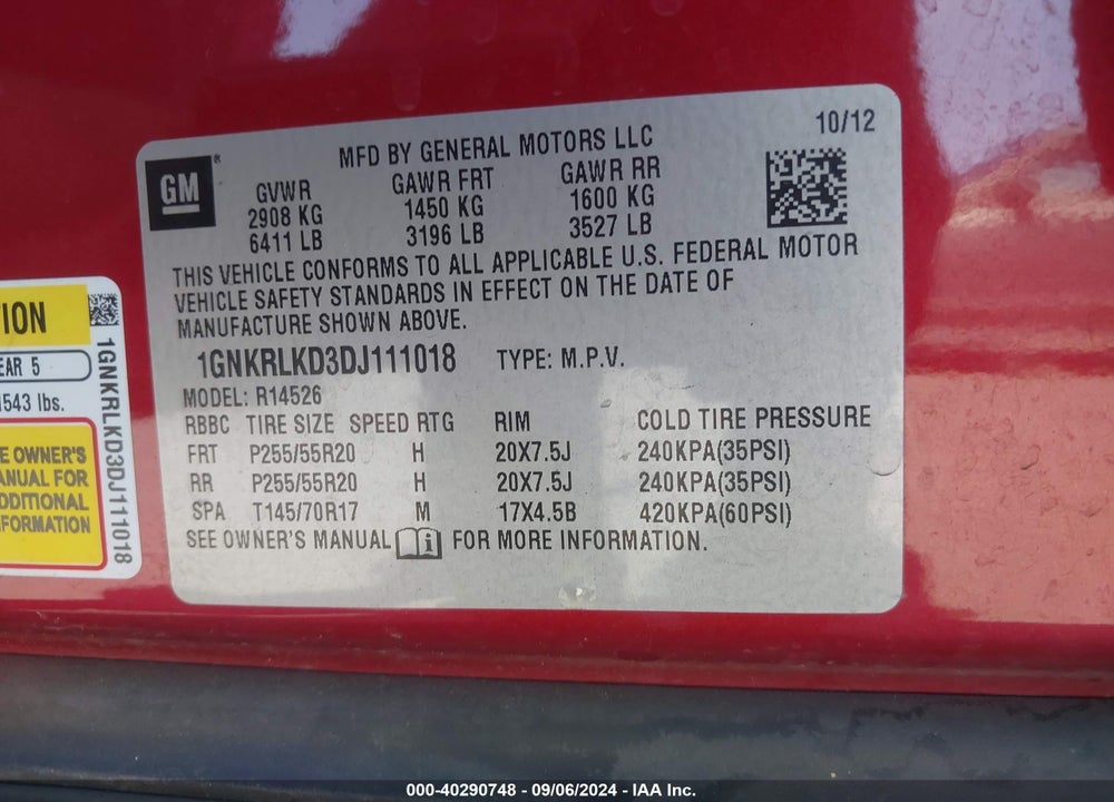 2013 CHEVROLET TRAVERSE LTZ VIN: 1GNKRLKD3DJ111018