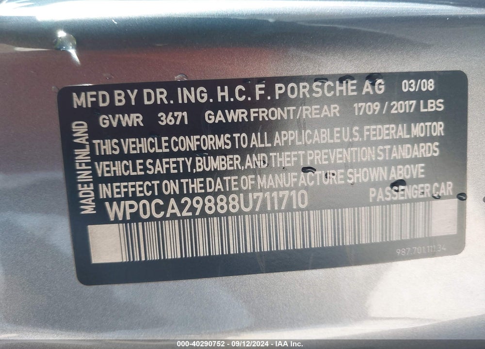 2008 PORSCHE BOXSTER LIMITED EDITION VIN: WP0CA29888U711710