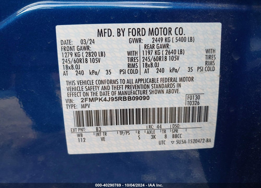 2024 FORD EDGE SEL VIN: 2FMPK4J95RBB09090