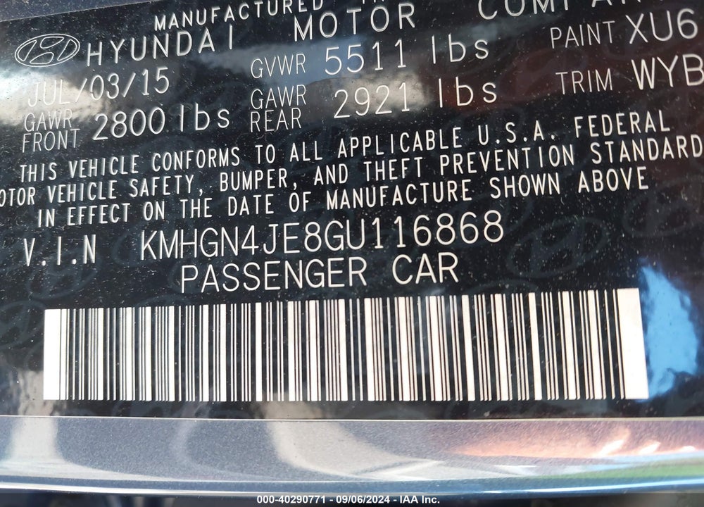 2016 HYUNDAI GENESIS 3.8 VIN: KMHGN4JE8GU116868