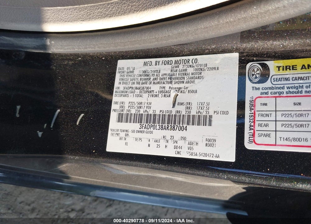 2010 FORD FUSION HYBRID VIN: 3FADP0L38AR387004