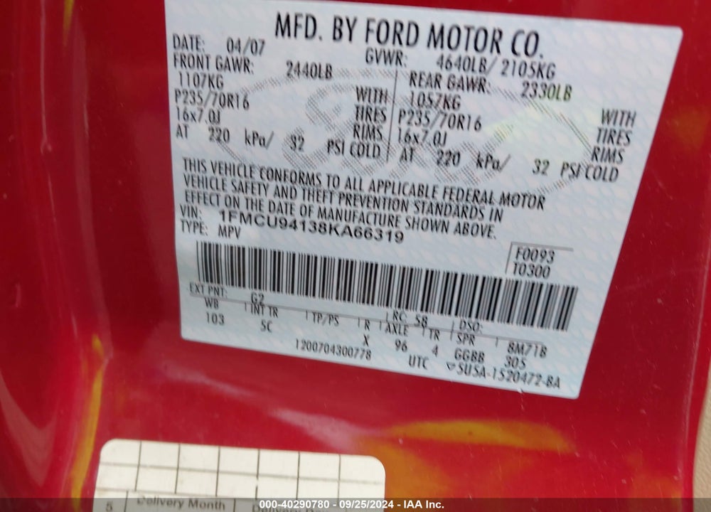 2008 FORD ESCAPE LIMITED VIN: 1FMCU94138KA66319