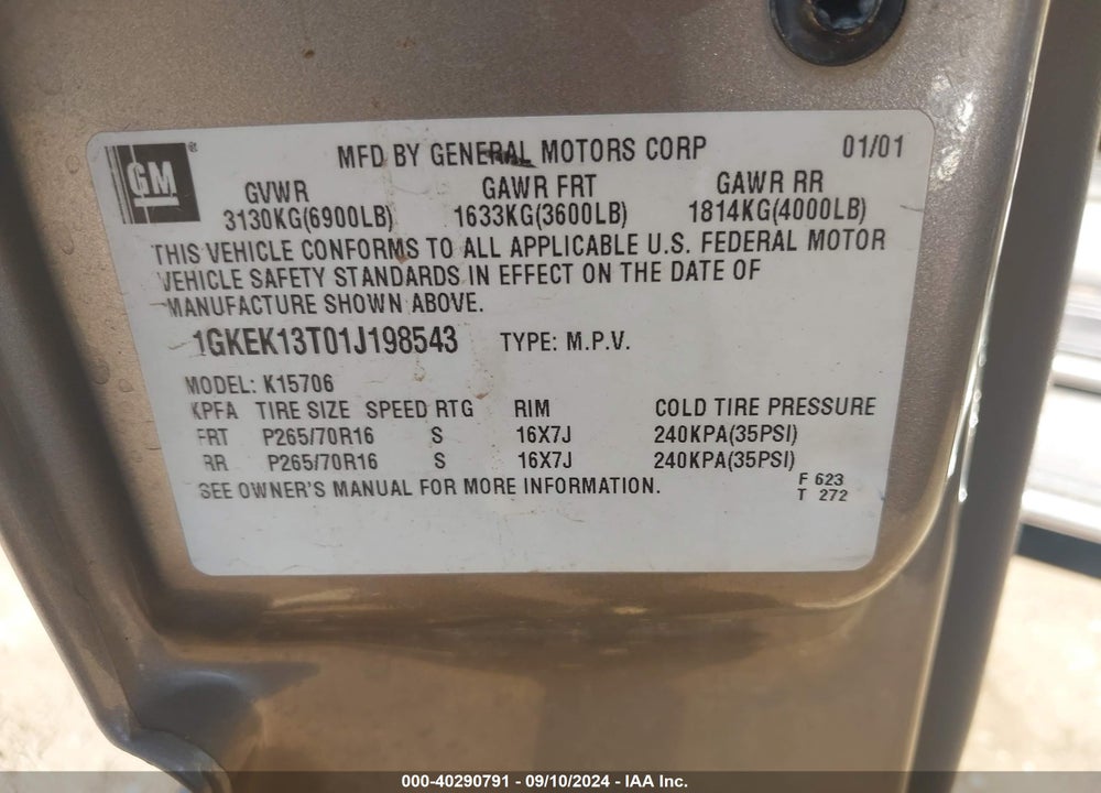 2001 GMC YUKON SLT VIN: 1GKEK13T01J198543