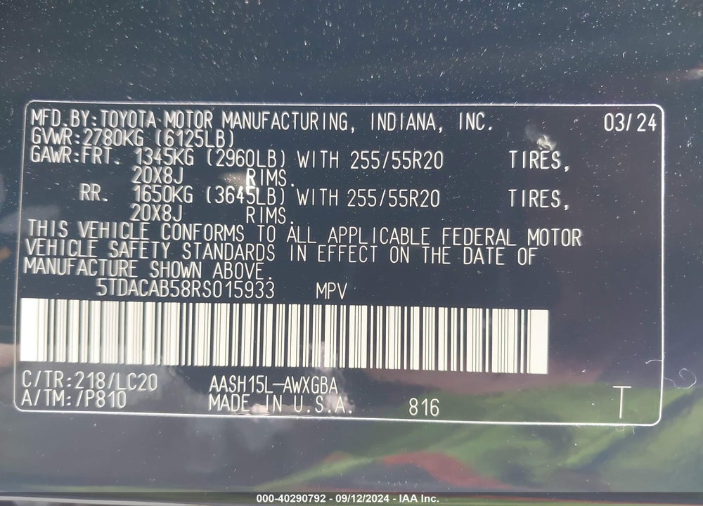 2024 TOYOTA GRAND HIGHLANDER HYBRID LIMITED VIN: 5TDACAB58RS015933