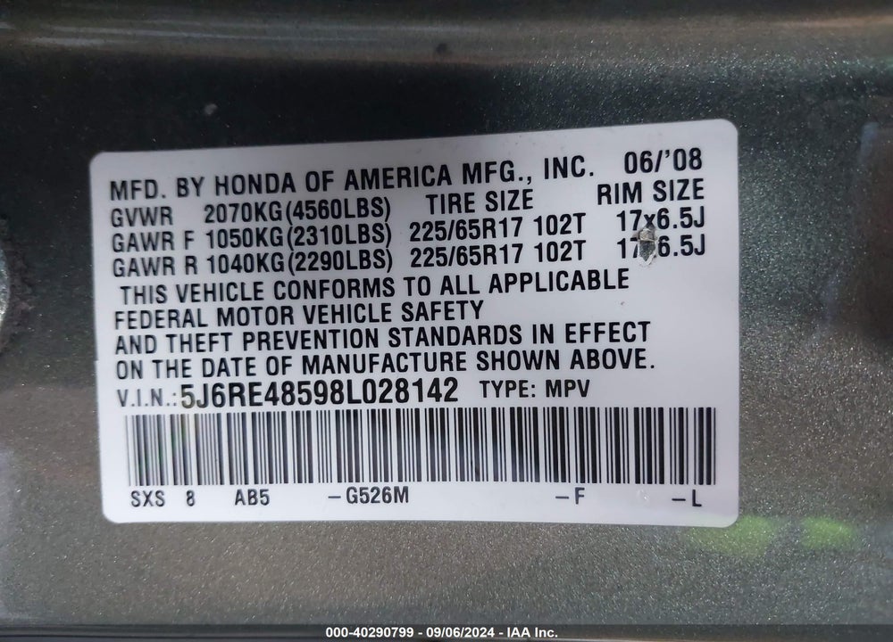 2008 HONDA CR-V EX VIN: 5J6RE48598L028142