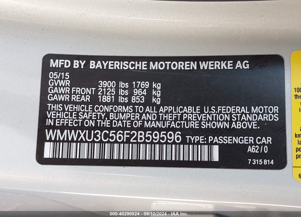 2015 MINI HARDTOP COOPER S VIN: WMWXU3C56F2B59596