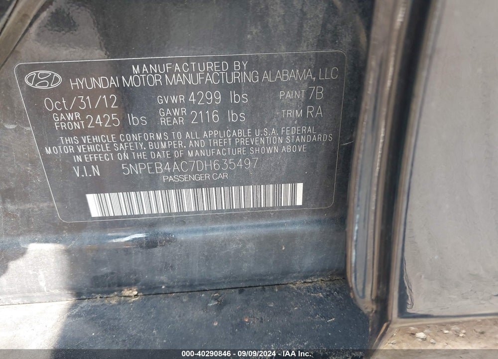 2013 HYUNDAI SONATA GLS VIN: 5NPEB4AC7DH635497