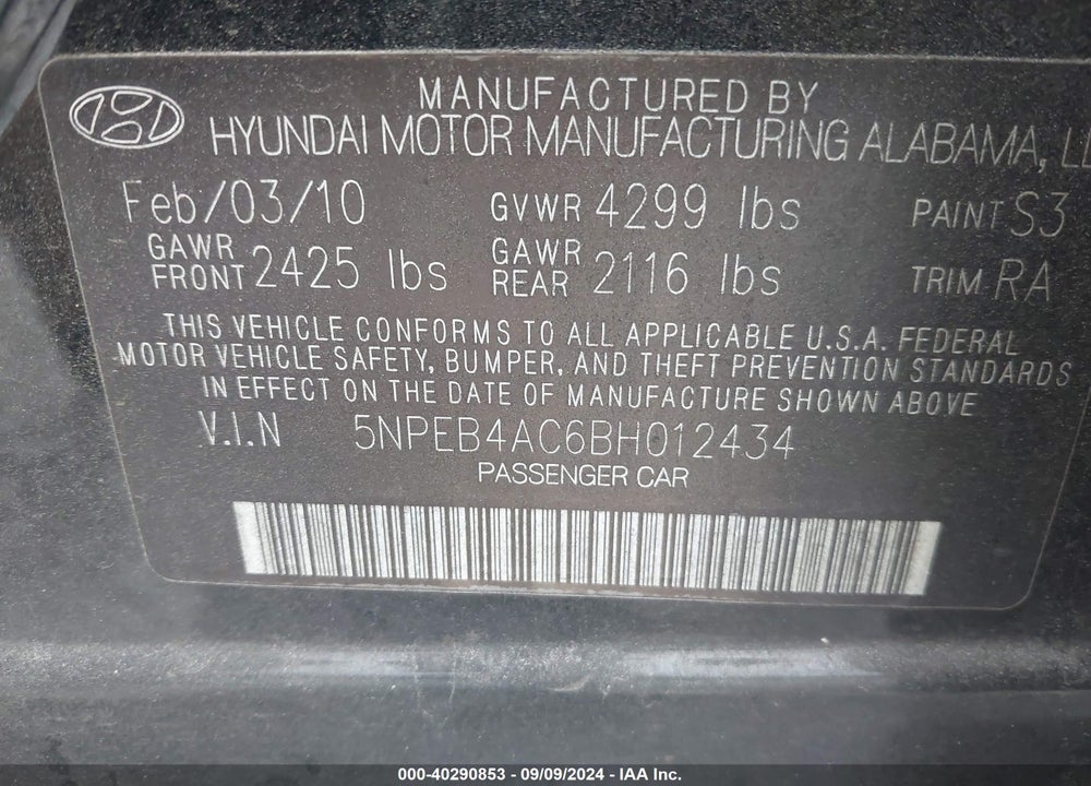 2011 HYUNDAI SONATA GLS VIN: 5NPEB4AC6BH012434