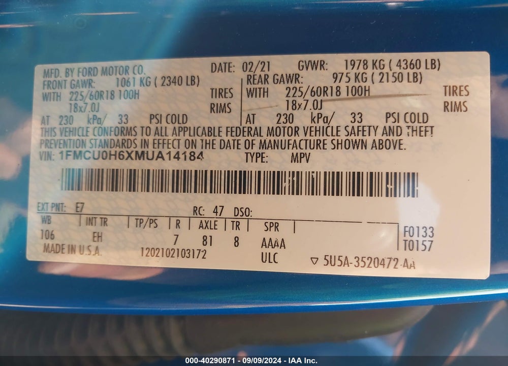 2021 FORD ESCAPE SEL VIN: 1FMCU0H6XMUA14184