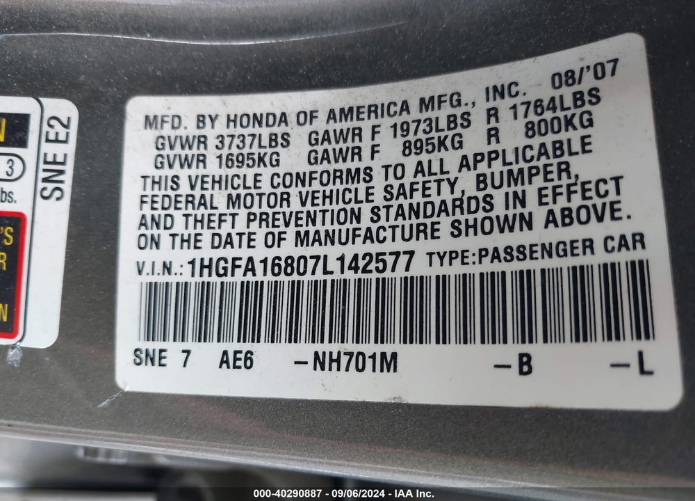 2007 HONDA CIVIC EX VIN: 1HGFA16807L142577