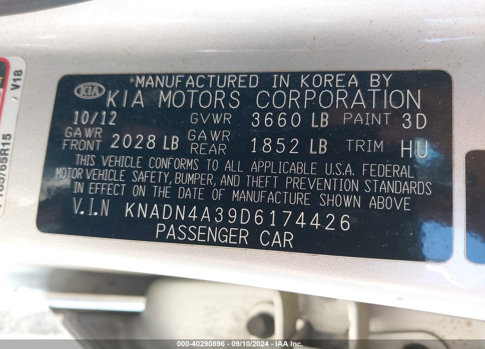 2013 KIA RIO EX VIN: KNADN4A39D6174426