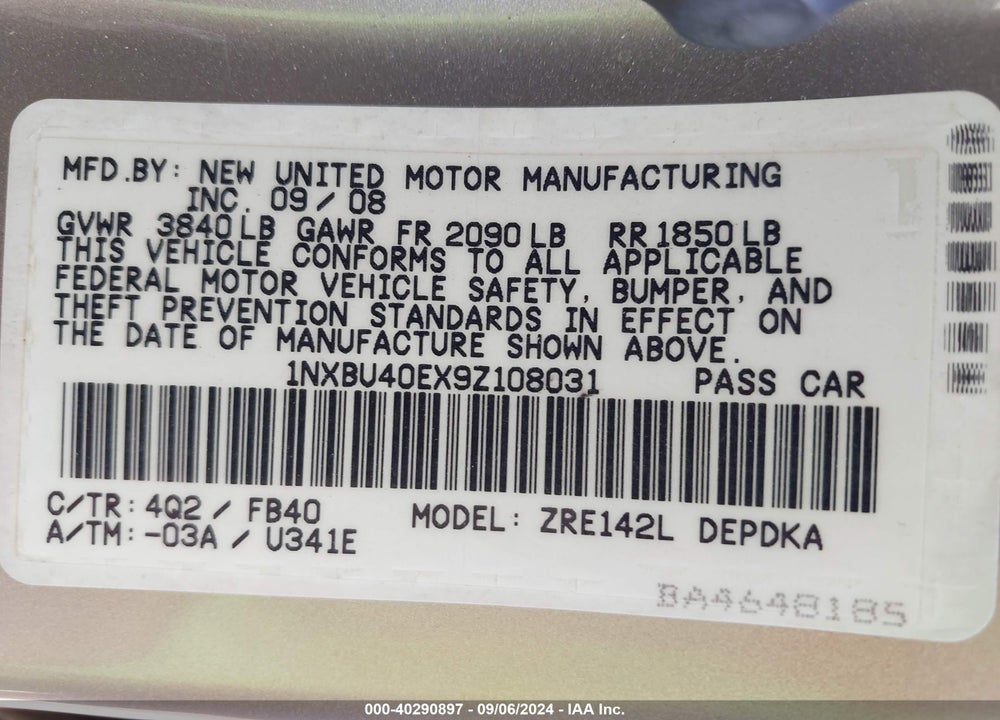 2009 TOYOTA COROLLA LE VIN: 1NXBU40EX9Z108031