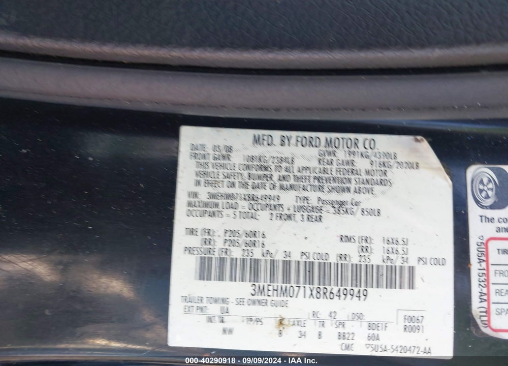 2008 MERCURY MILAN V6 VIN: 3MEHM071X8R649949