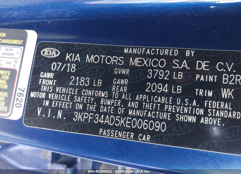 2019 KIA FORTE S VIN: 3KPF34AD5KE006090
