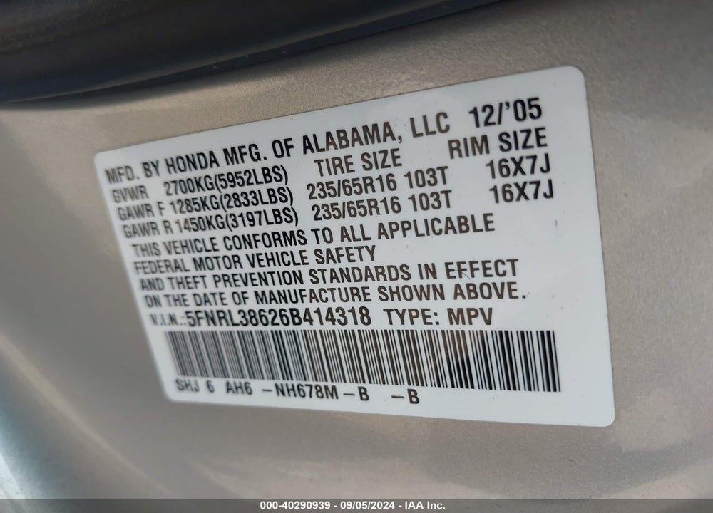 2006 HONDA ODYSSEY EX-L VIN: 5FNRL38626B414318