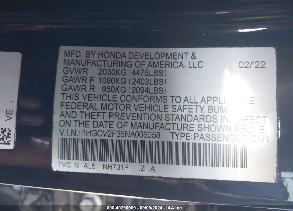 2022 HONDA ACCORD SPORT 2.0T VIN: 1HGCV2F36NA006058