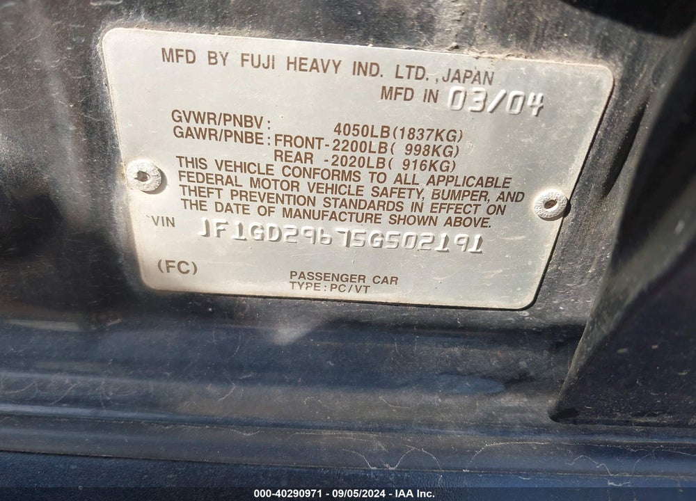 2005 SUBARU IMPREZA WRX VIN: JF1GD29675G502191