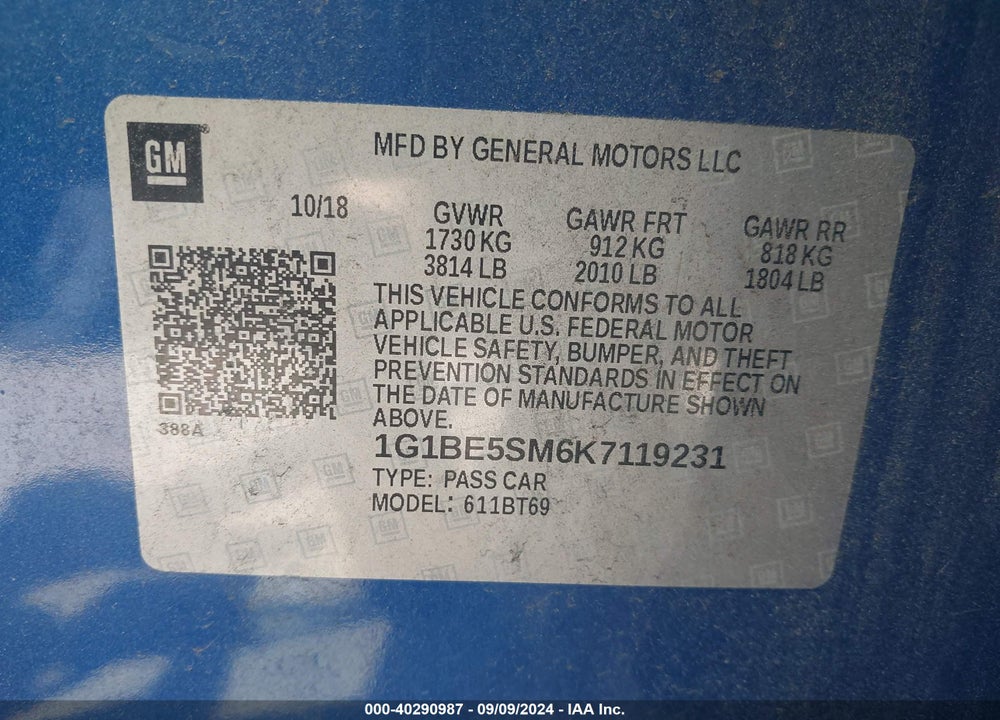 2019 CHEVROLET CRUZE LT VIN: 1G1BE5SM6K7119231
