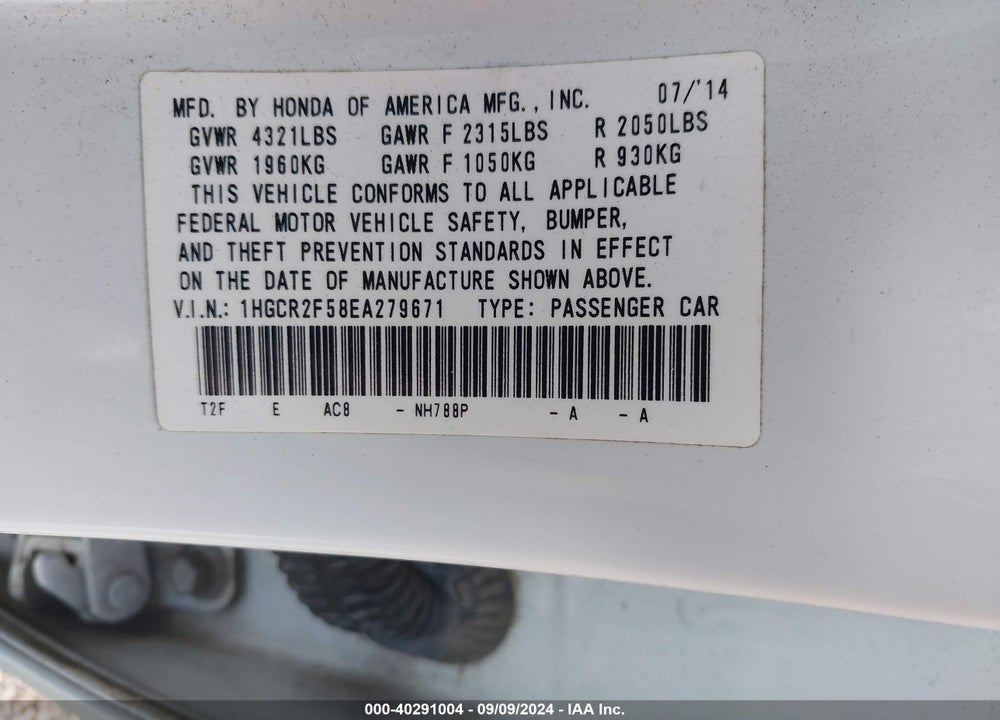 2014 HONDA ACCORD SPORT VIN: 1HGCR2F58EA279671