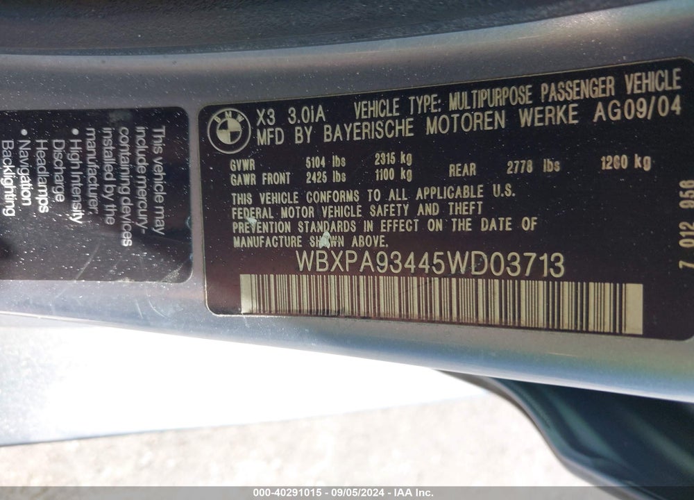 2005 BMW X3 3.0I VIN: WBXPA93445WD03713