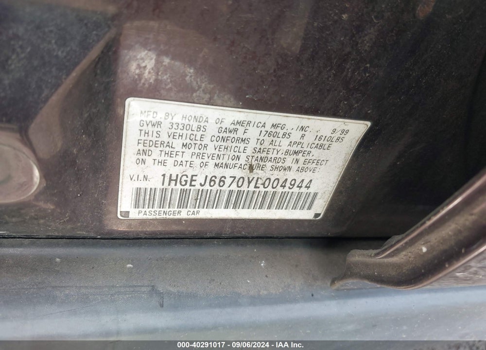 2000 HONDA CIVIC LX VIN: 1HGEJ6670YL004944