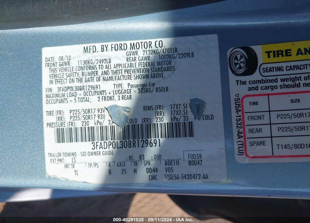 2011 FORD FUSION HYBRID VIN: 3FADP0L30BR129691