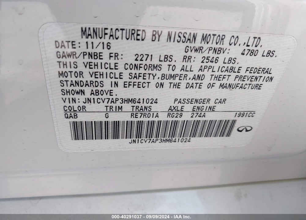 2017 INFINITI Q50 2.0T PREMIUM VIN: JN1CV7AP3HM641024