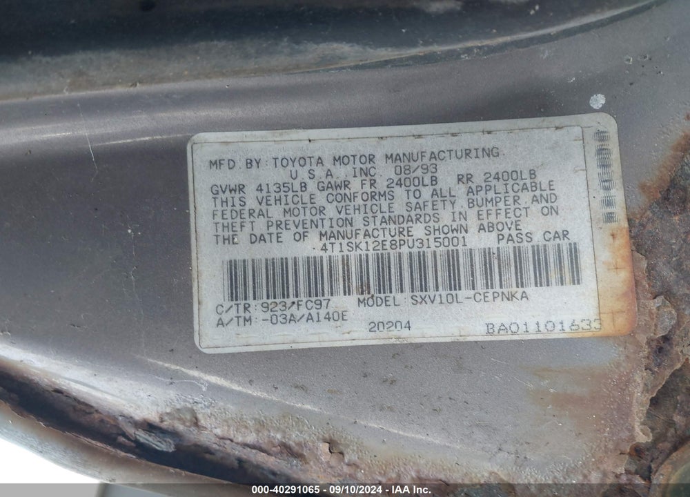 1993 TOYOTA CAMRY LE VIN: 4T1SK12E8PU315001